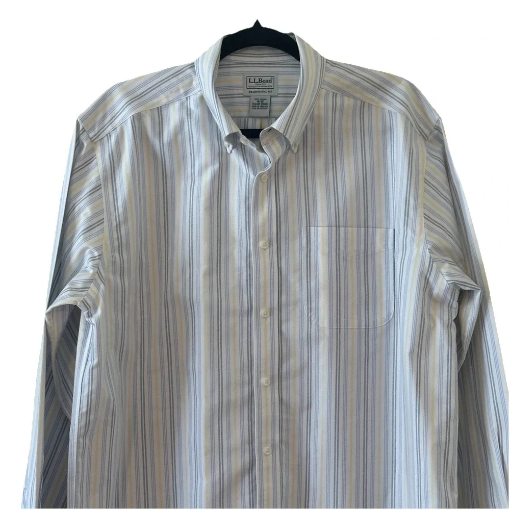 LL Bean Traditional Fit 16 35 Blue Yellow Striped Oxford Preppy Shirt Timeless